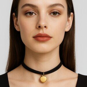 Zara Black Choker Necklace with Gold Disc Pendant